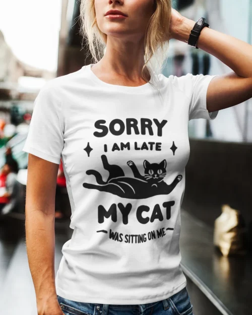model wearing white t-shirt with black cat fun design