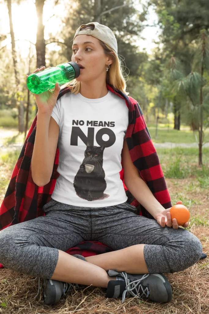 model wearing white t-shirt with black cat fun design no