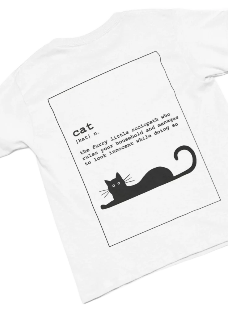 white t-shirt with black cat fun design