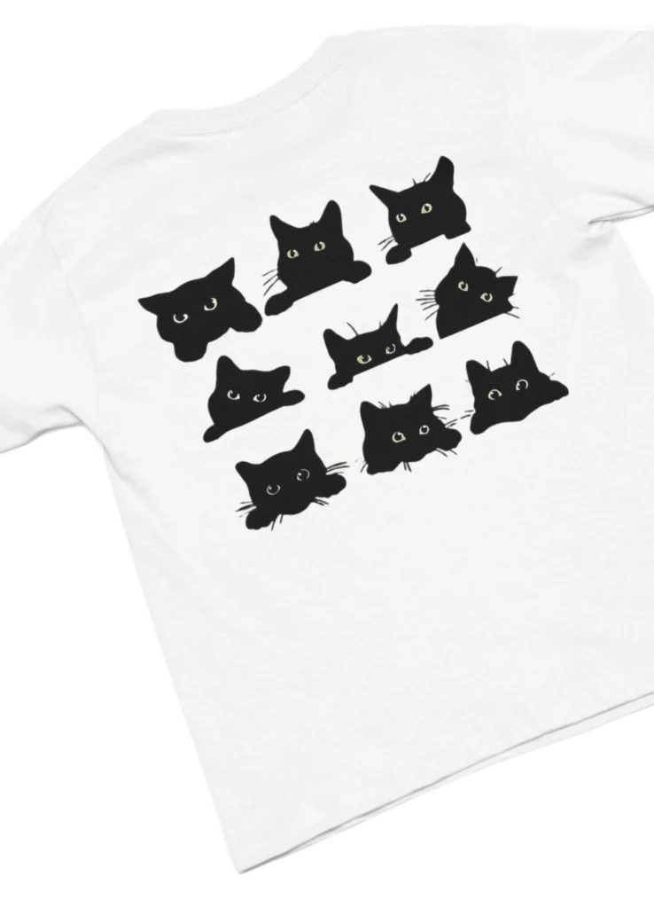 white t-shirt with black cat fun design